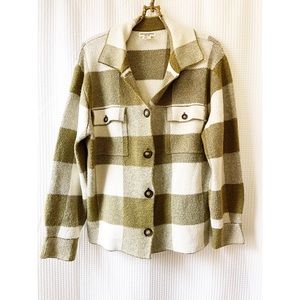 Christian Siriano plaid green and cream sweater jacket